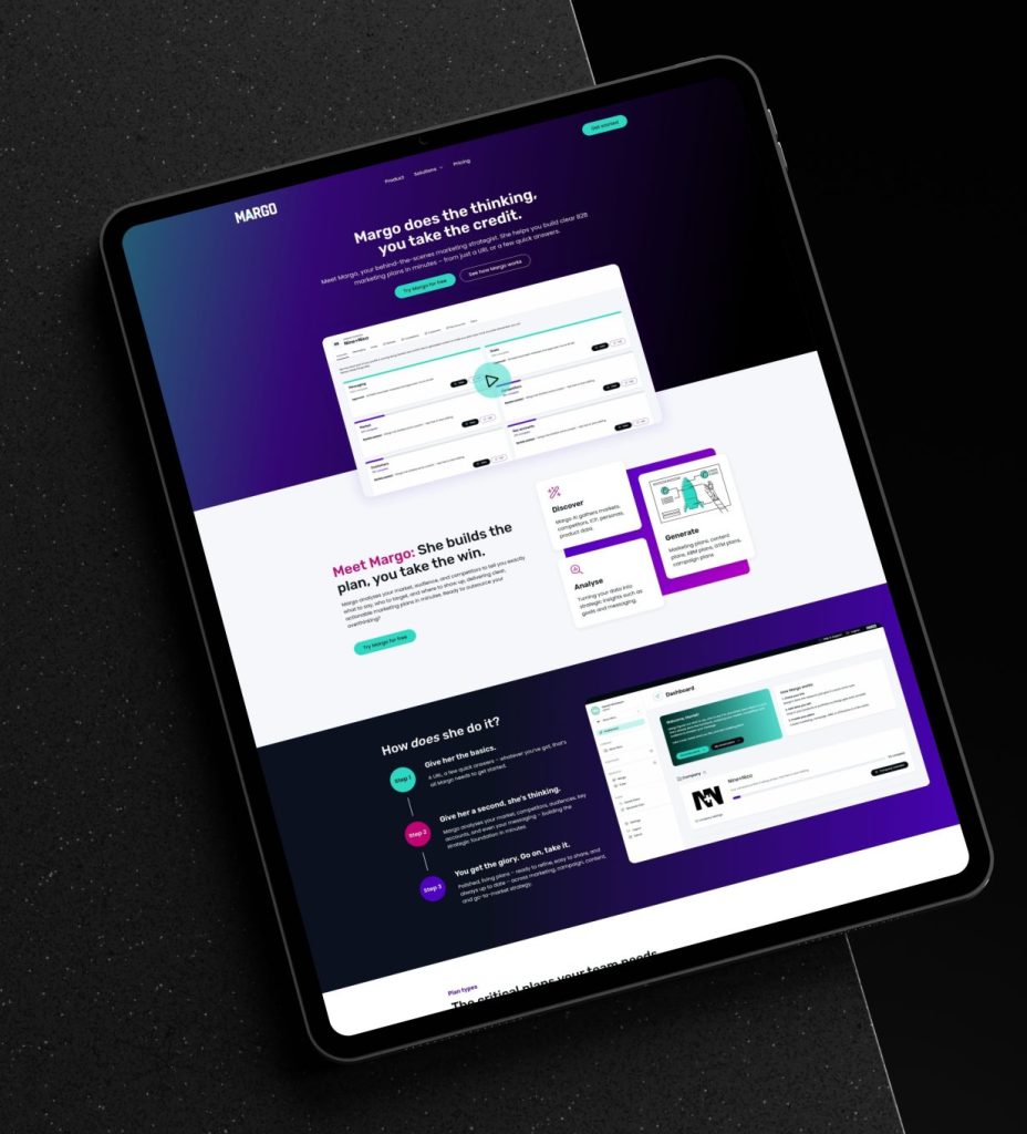 Margo marketing site home page - purples, pinks and green gradients with clean, rounded corners and lots of white space.